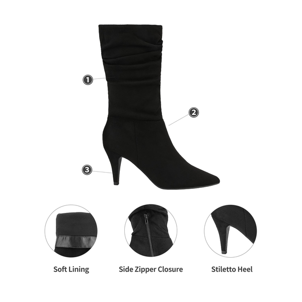 Mid Calf High Heel Boots - BLACK SUEDE - 3